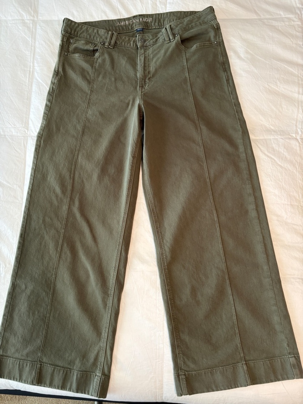 American Eagle Low-Rise Baggy Wide-Leg Jeans Size 14 Olive Green Stretch Y2K - Picture 2 of 10